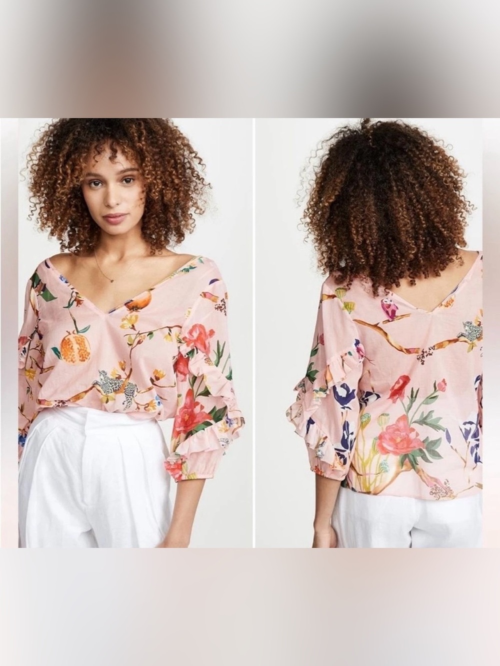 Tanya Taylor Margarita Boho Top with Ruffle Sleeves Tropical Print Top size 6